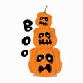 Stack of three pumpkins together, cartoon Halloween pumpkins with Boo, isolated cartoon on white background Royalty Free Stock Photo