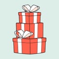 A stack of three red and white gift boxes silver ribbons. Royalty Free Stock Photo