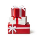 Stack of Three Red and White Gift Boxes Tied with White Ribbons and Bows present Royalty Free Stock Photo