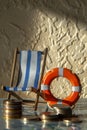 A stack of three red and white life preservers arranged on a surface Royalty Free Stock Photo
