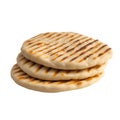 Stack of three round grilled flatbreads with grill marks on white background image Royalty Free Stock Photo