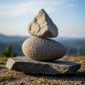 A stack of three stones atop a flat rock, set against a blurred mountainous Royalty Free Stock Photo