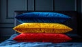 Stack of three velvet pillows in blue yellow and red on a bed with dark leather headboard Royalty Free Stock Photo