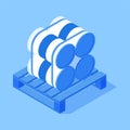 Stack tied metal barrels on wooden pallet industrial freight delivery isometric vector illustration