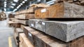 Stack of timber planks in a warehouse, ready for construction. Royalty Free Stock Photo