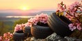 Stack of tires against the backdrop of a beautiful spring landscape with flowers blooming on the trees at dawn , concept