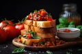 stack of toast, with bruschetta and garnish on top