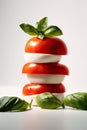 stack of tomatoes with mozarella cheese and basil leave