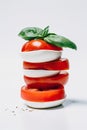 stack of tomatoes with mozarella cheese and basil leave