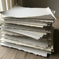 A stack of torn paper sheets likely handmade rests on a wooden Royalty Free Stock Photo