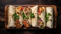 Delicious Burritos On A Wooden Platter: Aerial Photography With Bold Lines