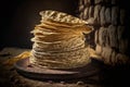 Stack of tortillas on a rustic wooden background.