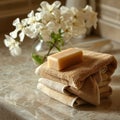 Stack of Towels on Counter With Vase of Flowers Royalty Free Stock Photo