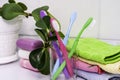 A stack of towels pieces of soap toothbrushes in a glass and a houseplant on the bathroom table