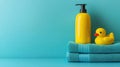 A stack of towels with a rubber duck and bottle on top, AI Royalty Free Stock Photo