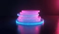 Stack of translucent round discs glows with pink and blue neon light. Object rests on dark surface, reflects light, abstract Royalty Free Stock Photo