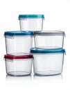 Stack of Transparent Plastic Containers with Colorful Lids on White Background Royalty Free Stock Photo