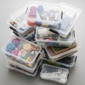 Stack of transparent plastic storage boxes with black latches, Royalty Free Stock Photo