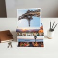 Stack of Travel Photos with Eiffel Tower, Notebook, Pencils Royalty Free Stock Photo