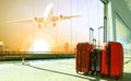 Stack of traveling luggage in airport terminal building and pass