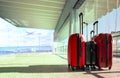 stack of traveling luggage in airport terminal and passenger plane flying for air transport and treveling theme
