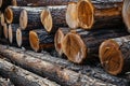 Stack of tree trunks wood logs piled outside paper mill, waiting for processing and manufacturing Royalty Free Stock Photo