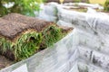 Stack of turf grass rolls for a lawn. Carpet of turf, roll of sod, turf grass roll for landscaping