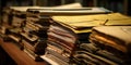 A stack of unsolved case files, symbolizing the issue of backlog and delay in the judiciary system, concept of Legal