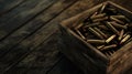 Unused bullets stacked in a rustic wooden crate against a dark background. Generative AI Royalty Free Stock Photo