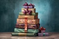 stack of unwrapped presents with ribbons and bows