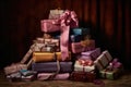 stack of unwrapped presents with ribbons and bows
