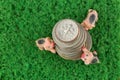 Stack of US coins, American money with blurred 3 pigs climbing, Royalty Free Stock Photo