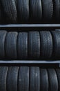 Stack of used tires at the tire fitting station. Royalty Free Stock Photo