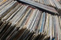 Stack of used vinyl records in covers put on sale Royalty Free Stock Photo