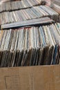 Stack of used vinyl records in covers put on sale Royalty Free Stock Photo