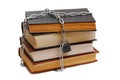 Stack of various books wrapped by chain with padlock on white background