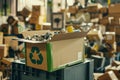Stack of Cardboard Boxes With Green Recyclable Symbol. Generative AI Royalty Free Stock Photo