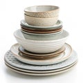 Stack of various ceramic plates and bowls isolated on transparent background Royalty Free Stock Photo