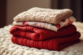 Stack of various colorful knitted warm sweaters. Generative AI