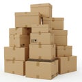 A stack of various-sized cardboard boxes organized in a pyramid formation. The Royalty Free Stock Photo