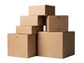 Stack of various sized cardboard moving boxes arranged against a solid black background Royalty Free Stock Photo