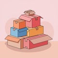 A stack of variously sized and colored cardboard boxes is depicted against a pink Royalty Free Stock Photo