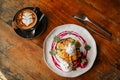 Stack of vegan pancakes and coffee