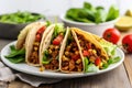 stack of vegan tacos with corn, lettuce and tomatoes on a white plate