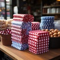 A stack of vibrant checkered table cloths in different colors