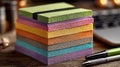 Colorful Sticky Notes Stack on Desk With Pens, Office Supplies Royalty Free Stock Photo