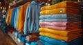 A stack of textile shirts in orange, electric blue hanging on a rack in a store Royalty Free Stock Photo