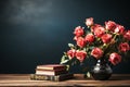 A stack of vintage books and a bouquet of roses on background of a black school board Royalty Free Stock Photo