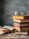 Stack of Vintage Books With Glasses on Rustic Wood Table, Ideal for Learning and Study Sessions Royalty Free Stock Photo