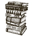 Stack of vintage books isolated on white background. Pile of books hand drawn in ink. Vector sketch illustration